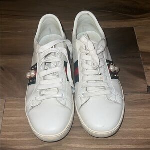 White Pearl-Studded Sneakers with Striped Detail